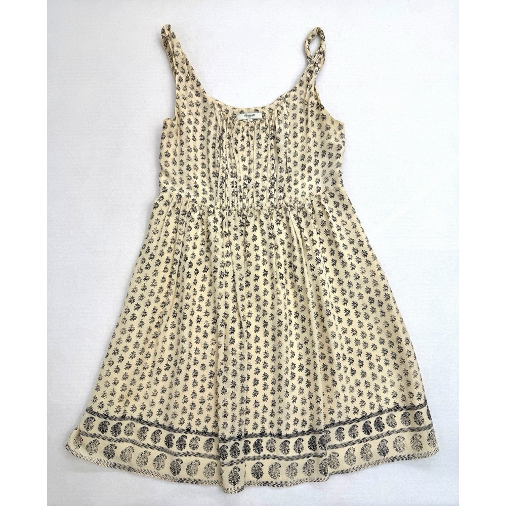Madewell 100% Silk Babydoll Dress Sz 8 Cream Black Paisley Block Print Sundress